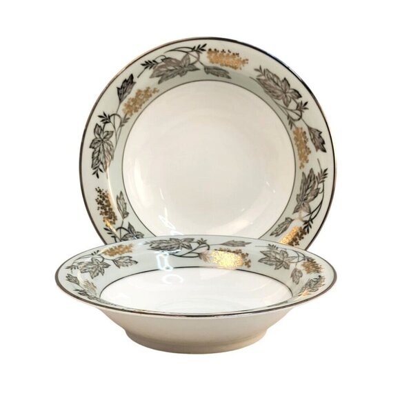 Noritake China 5487 Japan Gold & Green Leaf Pattern Bowls Set Of 2 - Picture 2 of 6